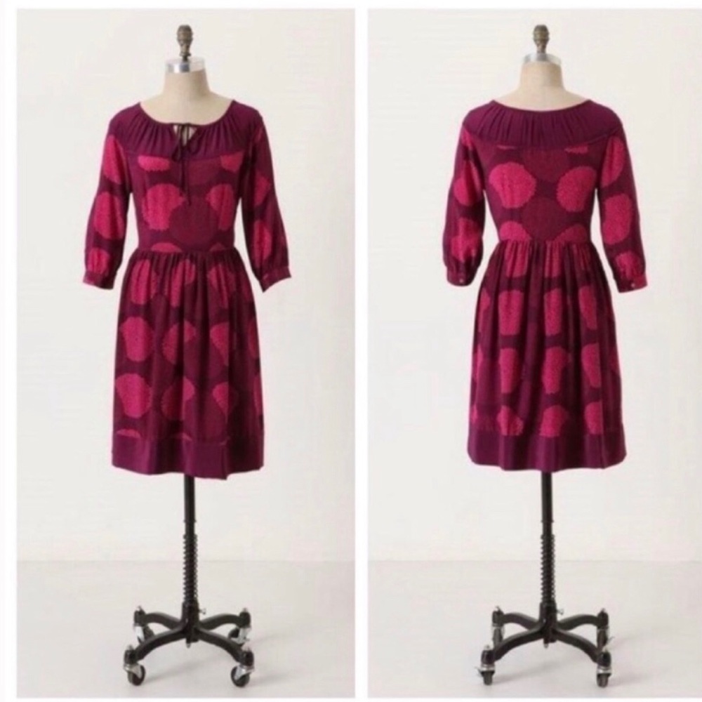Anthropologie Plum Dress with Pink Dot Pattern
